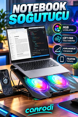 Çift Fanlı Notebook Soğutucu Stand – RGB Aydınlatmalı Ayarlanabilir Laptop Altlığı