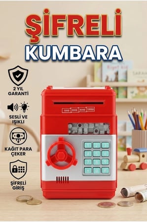 Kırmızı ATM Kumbara – 4 Haneli Şifreli Otomatik Para Çekmeli Kasa