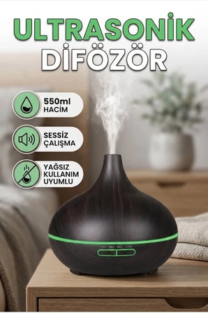 550 ml Ultrasonik Aromaterapi Difüzör ve Nemlendirici 7 Renk LED Işıklı
