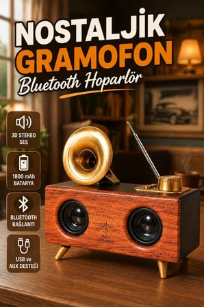 Nostaljik Gramofon Bluetooth Hoparlör – 1800 mAh Batarya ve 3D Stereo Ses