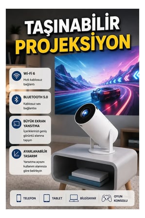 Wi-Fi 6 ve Bluetooth 5.0 Destekli Taşınabilir 4K Uyumlu Projeksiyon Cihazı