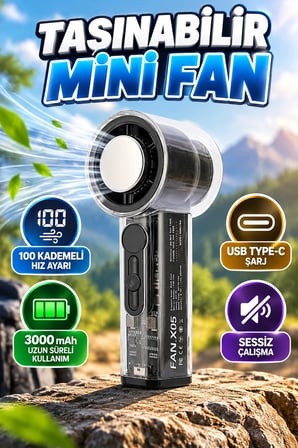 Dijital Ekranlı Şarjlı Mini Fan 100 Kademeli Hız Ayarı USB Type-C 3000 mAh