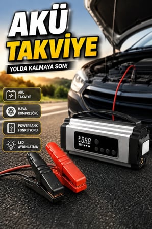 Dijital Ekranlı Akü Takviye Cihazı Hava Kompresörü Powerbank ve LED Fener Çok Fonksiyonlu Acil Güç Ünitesi