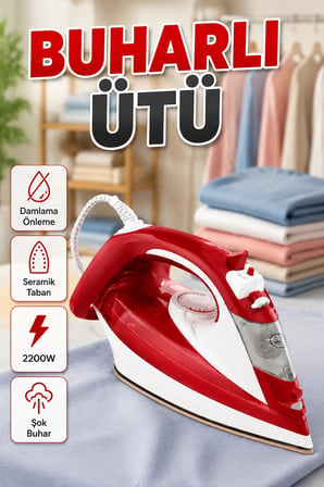 Kırmızı Buharlı Ütü 2200W – Seramik Tabanlı 177 gr/dk Şok Buharlı