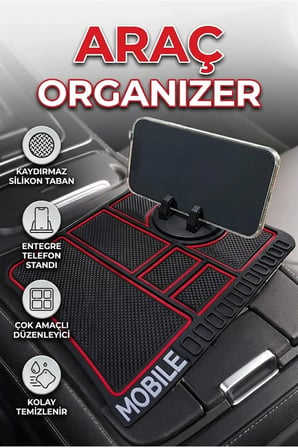 Araç İçi Telefon Tutuculu Kaydırmaz Silikon Organizer Mat Konsol Düzenleyici – Kırmızı Detaylı