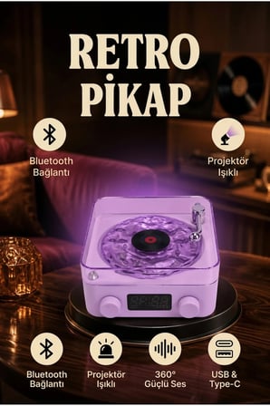 Retro Pikap Tasarımlı Bluetooth Hoparlör Projektör Işıklı AUX USB Type-C Hafıza Kartlı 360° Ses Sistemi