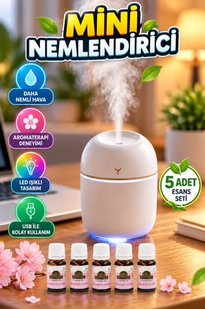 USB Mini Hava Nemlendirici – LED Işıklı Aromaterapi Difüzörü ve 5 Esans Seti