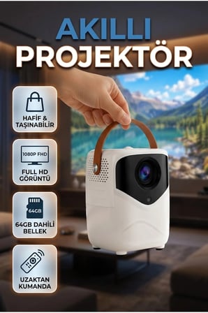 Akıllı Mini Projektör – 1080P Full HD, 64GB Depolama, 2GB RAM ve Uzaktan Kumanda