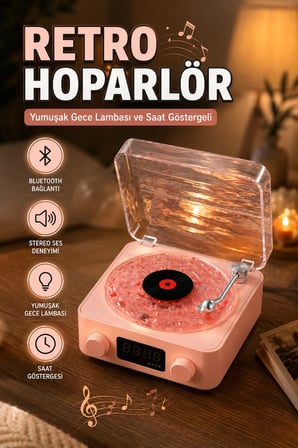 Retro Bluetooth Hoparlör Plak Çalar Tasarım Gece Lambalı Dijital Saat Göstergeli Stereo Ses Sistemi