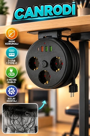 3'lü Akım Korumalı Çoklu Priz – 3 USB, 1 Type-C ve 2 Metre Kablo