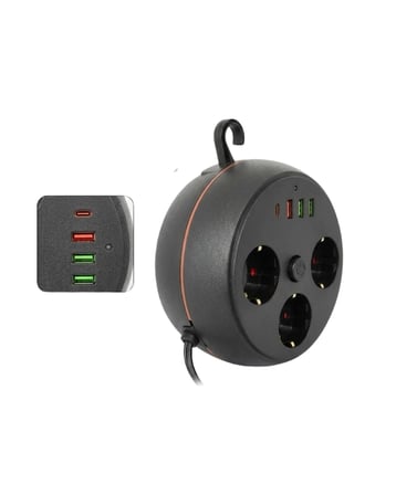 3'lü Akım Korumalı Çoklu Priz – 3 USB, 1 Type-C ve 2 Metre Kablo