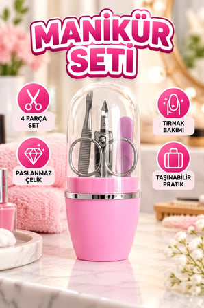 4 Parça Pembe Manikür Pedikür Seti – Tırnak Makası, Makas, Törpü ve Cımbız