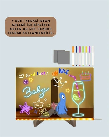Çocuklar İçin Renkli LED Mesaj Tahtası – Neon Kalemli Akrilik Yazı ve Çizim Panosu