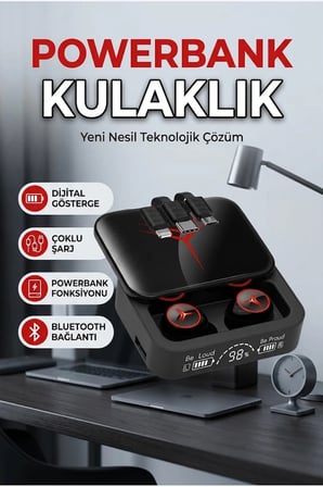 Kablosuz Şarj Kutulu Bluetooth 5.3 Kulaklık Powerbank Özellikli Dokunmatik Kontrollü