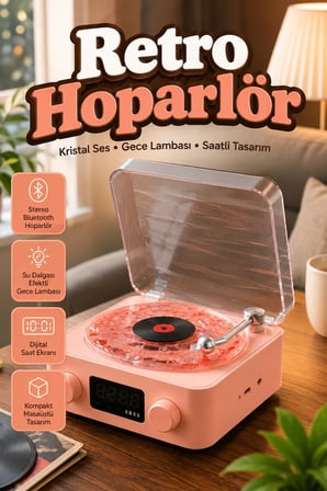 Retro Bluetooth Hoparlör Gece Lambalı Saatli Kristal Ses Tasarımlı Müzik Cihazı