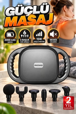 2000 mAh Şarjlı Masaj Tabancası 6 Başlıklı 15W Güçlü Masaj Cihazı