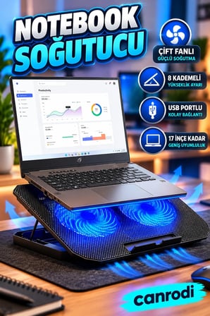 Çift Fanlı Notebook Soğutucu Stand – 8 Kademeli Ayar, USB Portlu, 17 İnçe Kadar Uyumlu