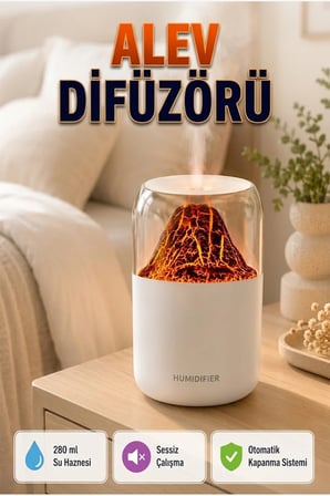 280 ml Ultrasonik Aroma Difüzörü – Alev Efektli LED, Sessiz Çalışma ve Otomatik Kapanma