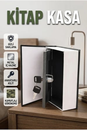 Kamuflajlı Kitap Kasa – Anahtarlı Kilit, Metal İç Hazne ve Sözlük Görünümü