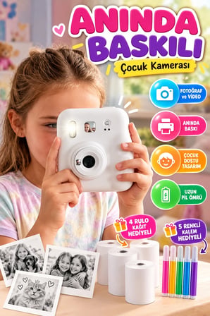 Anında Baskılı Çocuk Kamerası 4 Rulo Kağıt ve 5 Renkli Kalem Hediyeli Fotoğraf Makinesi Seti