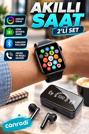 AMOLED Ekranlı Akıllı Saat ve Bluetooth Kulaklık 2’li Set – Uzun Batarya ve Kablosuz Kullanım