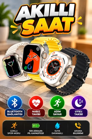 Bluetooth Bağlantılı Akıllı Saat 100-200mAh Batarya Nabız Adım Sayar Uyku Takipli Spor Modlu