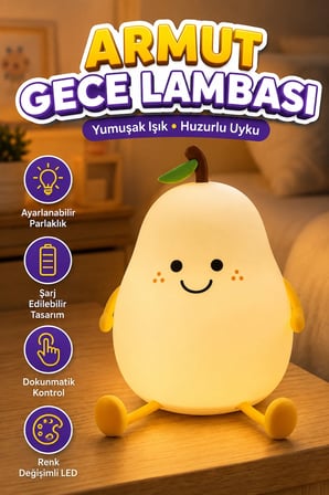 USB Şarjlı Armut Tasarımlı Dokunmatik Renk Değişimli LED Gece Lambası