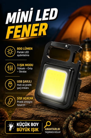 800 Lümen Mini LED Fener – USB Şarjlı 3 Modlu Anahtarlık ve Şişe Açacaklı
