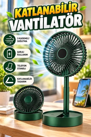 Katlanabilir Şarjlı Mini Vantilatör Telefon Standlı 3 Kademeli Soğutucu Fan