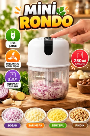 250 ml USB Şarjlı Mini Rondo – Sarımsak, Soğan, Zencefil ve Fındık Doğrayıcı