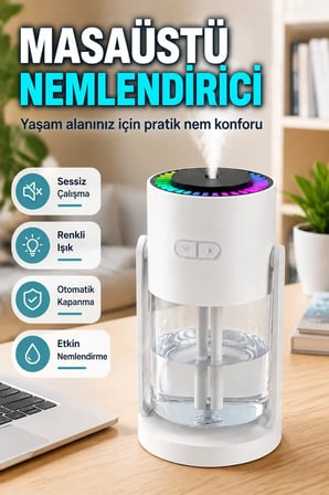 Sessiz Masaüstü Hava Nemlendirici – LED Işıklı ve Otomatik Kapanmalı