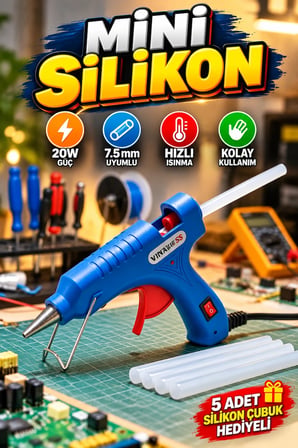 20W Mini Silikon Tabancası 7.5 mm Uyumlu Hobi ve Tamirat Seti 5 Adet Silikon Çubuk Hediyeli