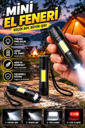 4 Modlu Şarjlı Işıldak El Feneri Kamp Lambası Mini Taşınabilir LED Acil Durum Feneri