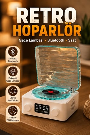 Retro Bluetooth Hoparlör Gece Lambalı Dijital Saatli Stereo Müzik Çalar