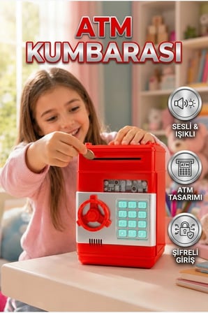 Kırmızı ATM Kasa Tipi Şifreli Para Biriktirme Kumbarası Otomatik Para Çekme Özellikli