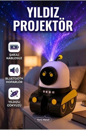 Robot Tasarımlı Bluetooth Hoparlörlü Yıldızlı Gökyüzü Projektör Gece Lambası