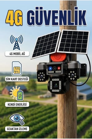 4G SIM Kartlı Güneş Enerjili 4 Kameralı Wi-Fi Gerektirmeyen Akıllı Güvenlik Kamera Sistemi
