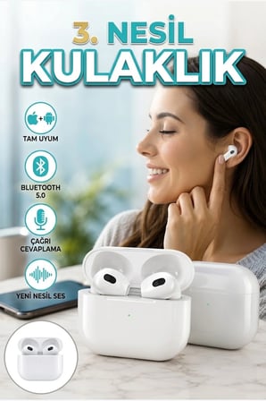 3. Nesil Pro Bluetooth 5.0 Kablosuz Kulaklık Beyaz iOS Android Uyumlu Dokunmatik