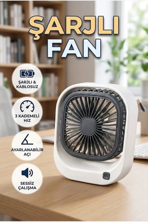 Şarjlı Masaüstü Vantilatör 3 Kademeli Hız Ayarlı Ayarlanabilir Açılı Kablosuz Fan