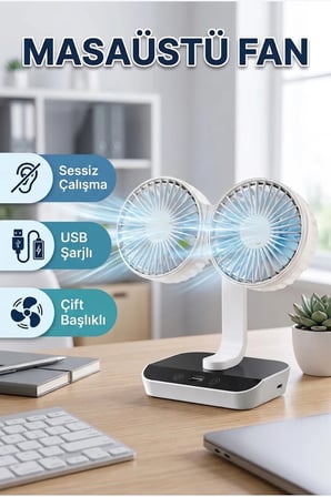 Çift Kafalı USB Şarjlı Sessiz Masaüstü Fan 720° Döner Taşınabilir Soğutucu
