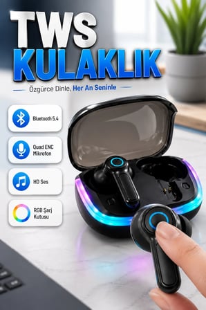 Quad ENC Mikrofonlu Bluetooth 5.4 TWS Kulaklık – RGB Şarj Kutusu ve HD Voice