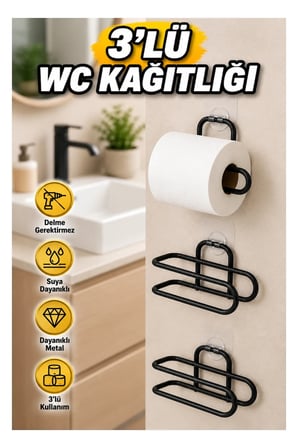 3’lü Siyah Yapışkanlı Rulo Kağıt Tutucu – Banyo ve Mutfak