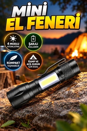 Şarjlı Mini LED Işıldak El Feneri Kamp Lambası 4 Modlu Taşınabilir Acil Durum Feneri