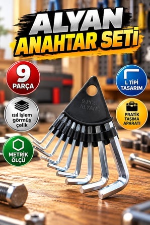9 Parça Metrik Alyan Anahtar Takımı – Isıl İşlem Görmüş Çelik, L Tipi