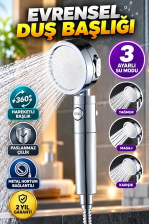 Paslanmaz Çelik 360° Hareketli Duş Başlığı – 3 Modlu Metal Hortum Bağlantılı El Duşu