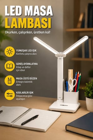 Kısılabilir LED Masa Lambası – Kalemlik ve Telefon Standlı Esnek Tasarım