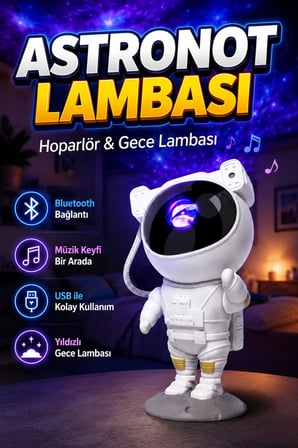 Astronot Tasarımlı Bluetooth Hoparlörlü Projeksiyon Gece Lambası Uzaktan Kumandalı