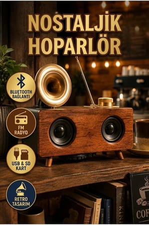 B6 Retro Gramofon Tasarımlı Bluetooth Hoparlör FM Radyo USB SD Kart AUX