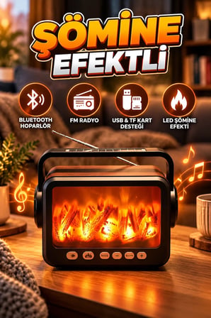 LED Şömine Efektli Bluetooth Hoparlör – FM Radyo, USB ve TF Kart Destekli