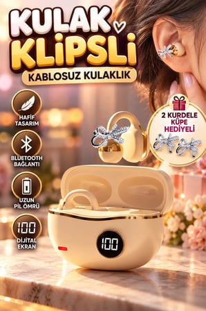 Kulak Klipsli Kablosuz Bluetooth Kulaklık – Hafif Tasarım | 2 Kurdele Küpe Hediyeli
